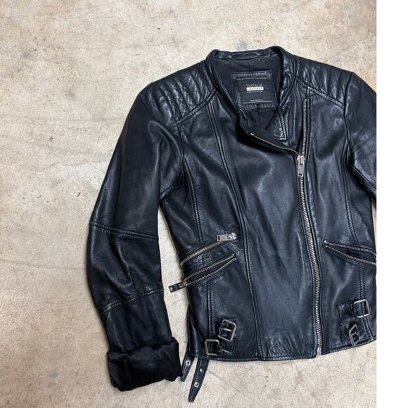 Zara Genuine Leather Moto Jacket Women’s S Black Quilted Biker Asymmetrical Zip - Picture 2 of 7